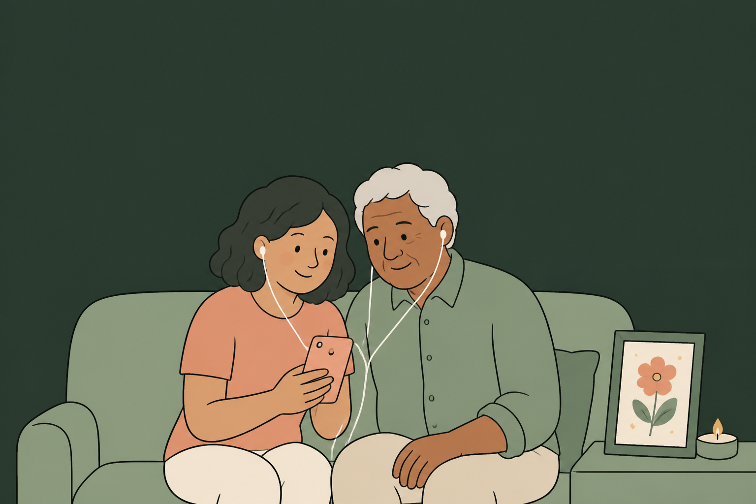 A father and daughter listening together to a personal memorial song