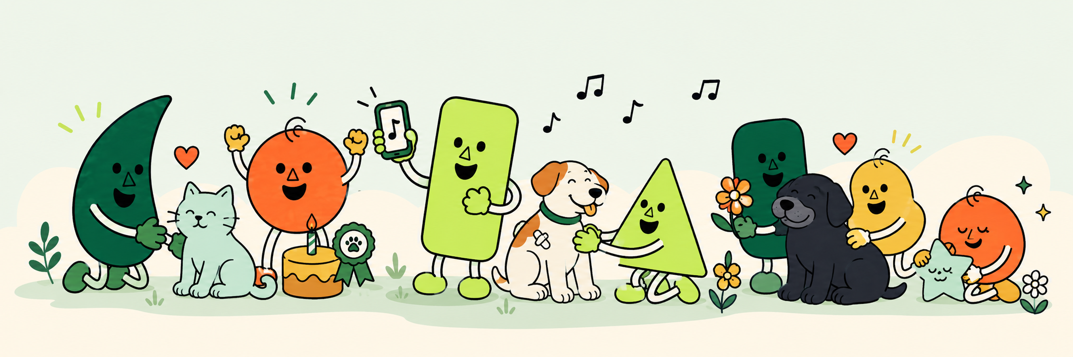 Vet-page characters and pets dancing together beneath a ribbon of music